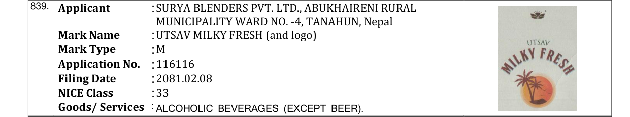 Original bulletin entry for UTSAV MILKY FRESH (and logo)