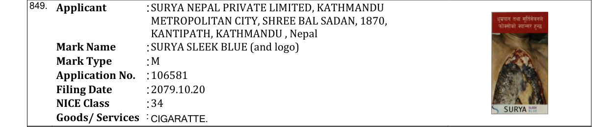Original bulletin entry for SURYA SLEEK BLUE (and logo)
