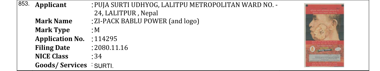 Original bulletin entry for ZI-PACK BABLU POWER (and logo)