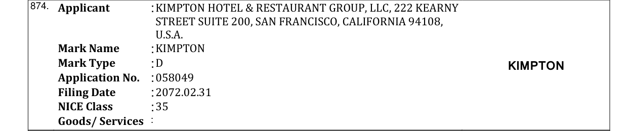 Original bulletin entry for KIMPTON