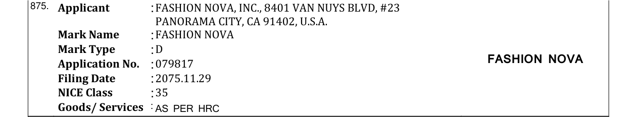 Original bulletin entry for FASHION NOVA