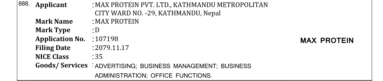 Original bulletin entry for MAX PROTEIN