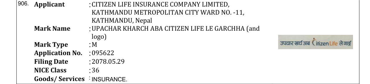 Original bulletin entry for UPACHAR KHARCH ABA CITIZEN LIFE LE GARCHHA (and logo)