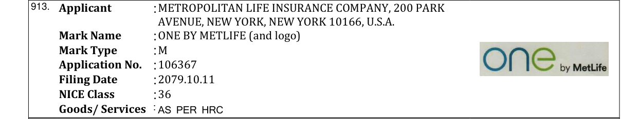 Original bulletin entry for ONE BY METLIFE (and logo)