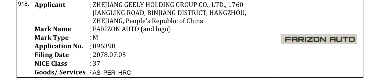 Original bulletin entry for FARIZON AUTO (and logo)