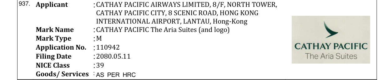 Original bulletin entry for CATHAY PACIFIC The Aria Suites (and logo)
