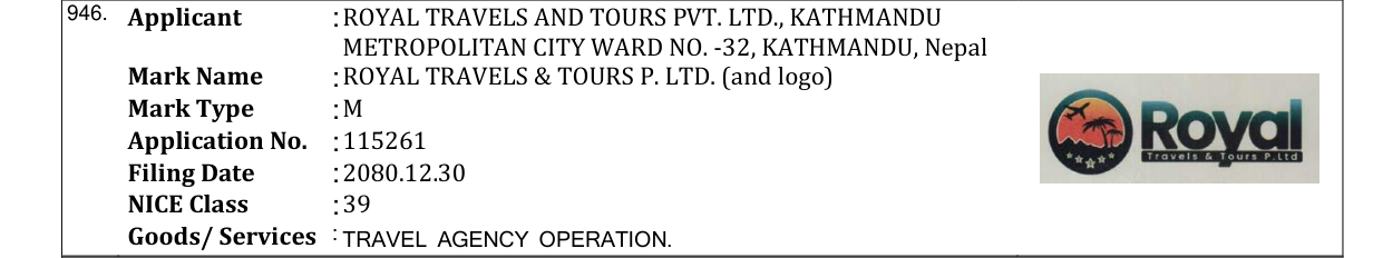 Original bulletin entry for ROYAL TRAVELS & TOURS P. LTD. (and logo)