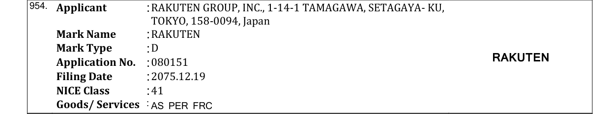 Original bulletin entry for RAKUTEN
