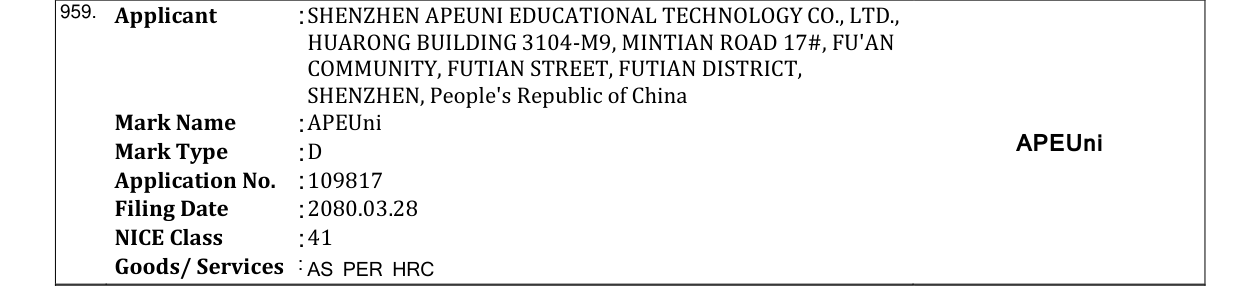 Original bulletin entry for APEUni