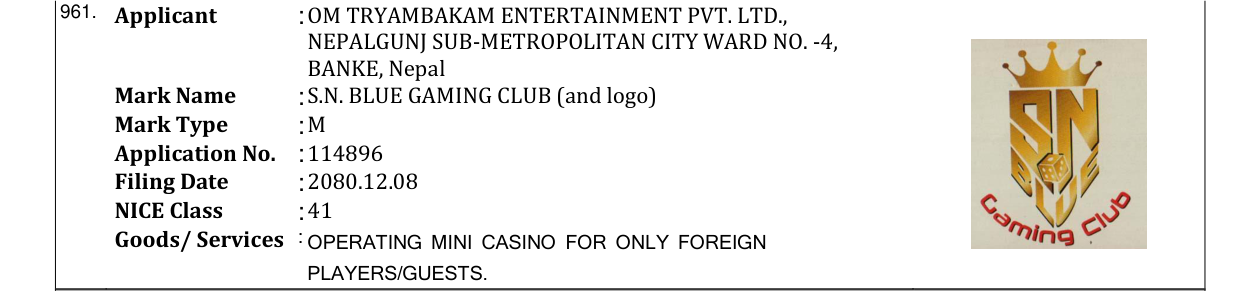 Original bulletin entry for S.N. BLUE GAMING CLUB (and logo)