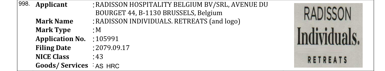 Original bulletin entry for RADISSON INDIVIDUALS. RETREATS (and logo)