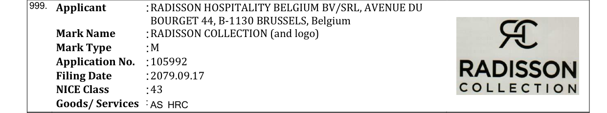 Original bulletin entry for RADISSON COLLECTION (and logo)