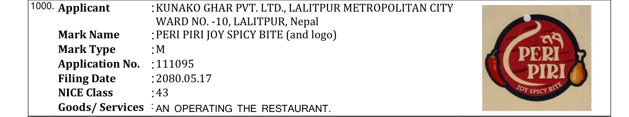 Original bulletin entry for PERI PIRI JOY SPICY BITE (and logo)