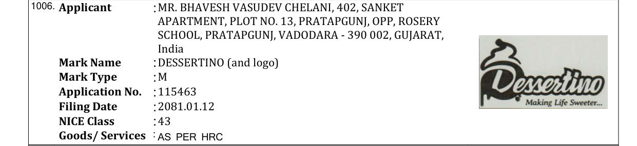Original bulletin entry for DESSERTINO (and logo)