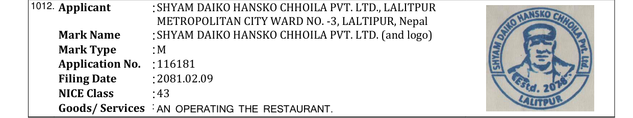 Original bulletin entry for SHYAM DAIKO HANSKO CHHOILA PVT. LTD. (and logo)