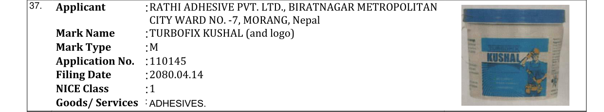 Original bulletin entry for TURBOFIX KUSHAL (and logo)