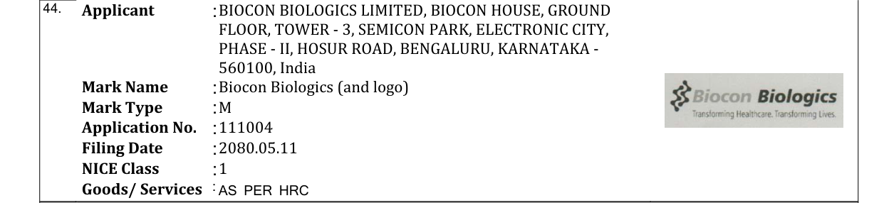 Original bulletin entry for Biocon Biologics (and logo)