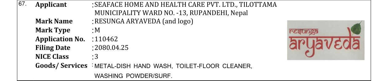 Original bulletin entry for RESUNGA ARYAVEDA (and logo)