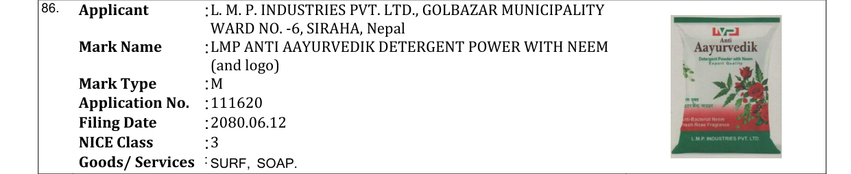 Original bulletin entry for LMP ANTI AAYURVEDIK DETERGENT POWER WITH NEEM (and logo)