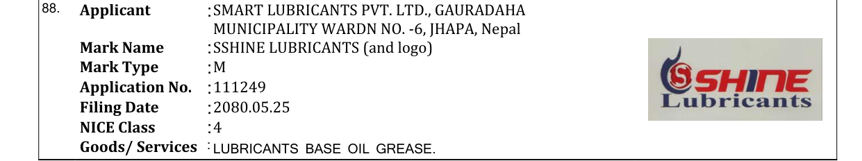 Original bulletin entry for SSHINE LUBRICANTS (and logo)