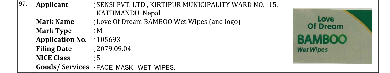 Original bulletin entry for Love Of Dream BAMBOO Wet Wipes (and logo)