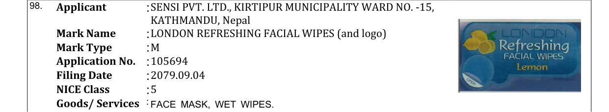Original bulletin entry for LONDON REFRESHING FACIAL WIPES (and logo)