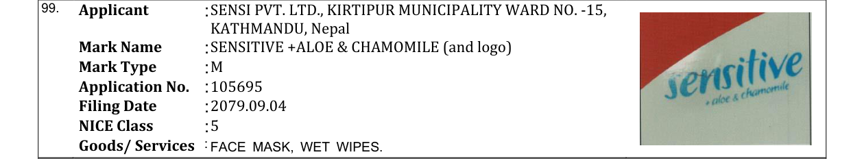 Original bulletin entry for SENSITIVE +ALOE & CHAMOMILE (and logo)