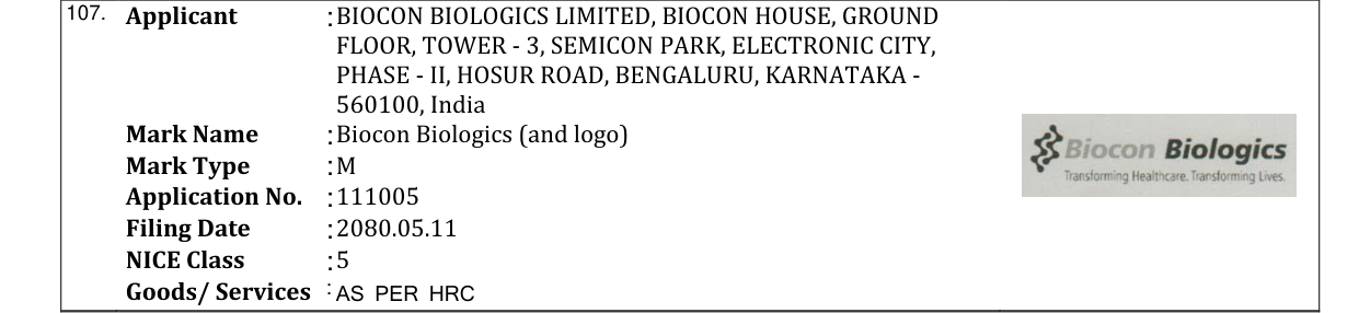 Original bulletin entry for Biocon Biologics (and logo)