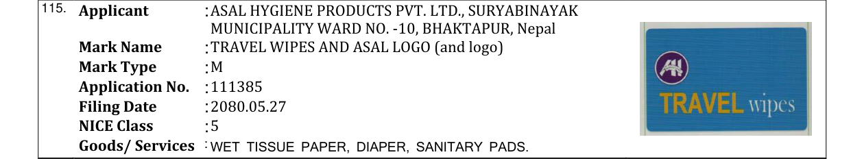 Original bulletin entry for TRAVEL WIPES AND ASAL LOGO (and logo)