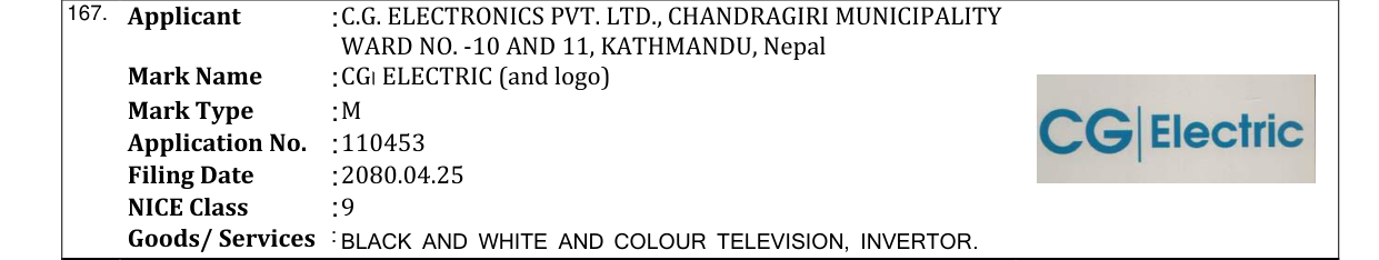 Original bulletin entry for CG। ELECTRIC (and logo)
