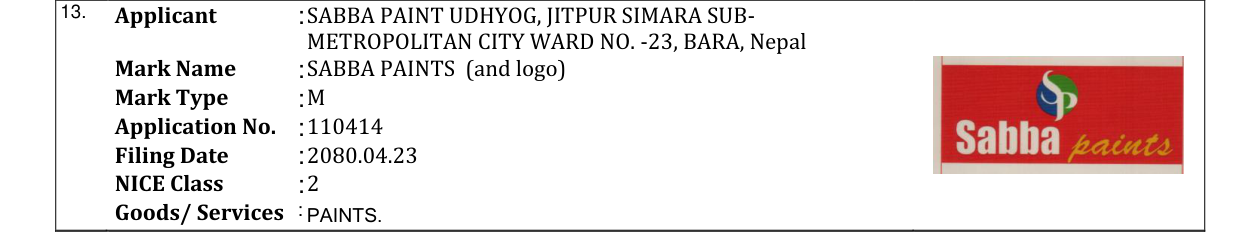 Original bulletin entry for SABBA PAINTS (and logo)