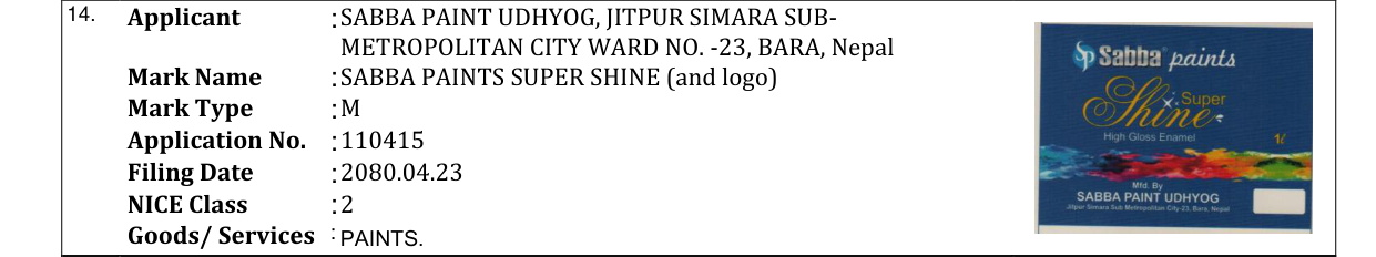 Original bulletin entry for SABBA PAINTS SUPER SHINE (and logo)