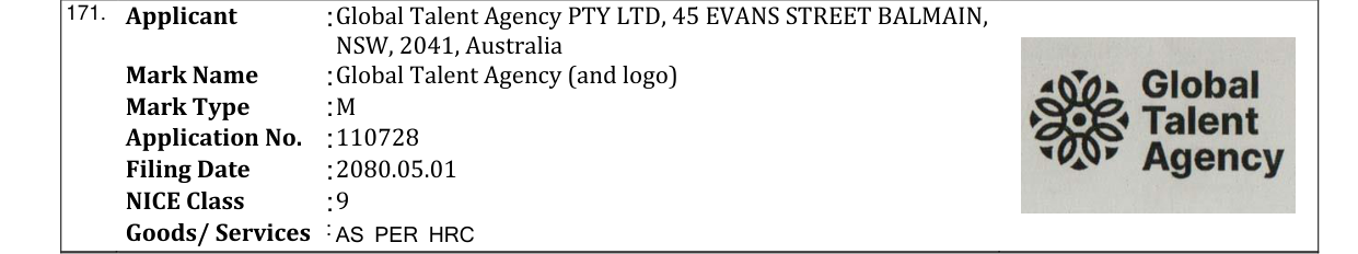Original bulletin entry for Global Talent Agency (and logo)