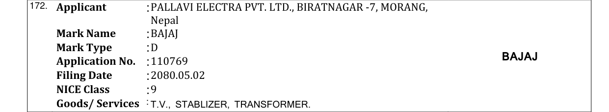 Original bulletin entry for BAJAJ