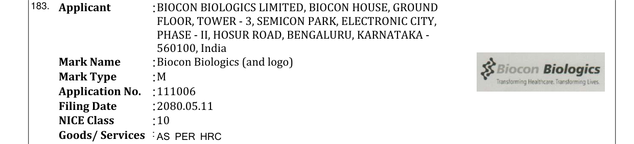 Original bulletin entry for Biocon Biologics (and logo)