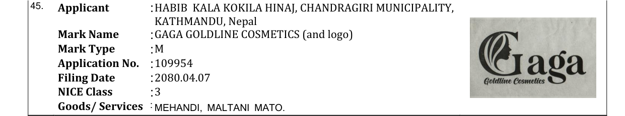 Original bulletin entry for GAGA GOLDLINE COSMETICS (and logo)