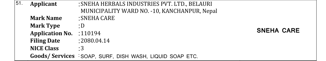 Original bulletin entry for SNEHA CARE