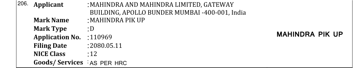 Original bulletin entry for MAHINDRA PIK UP