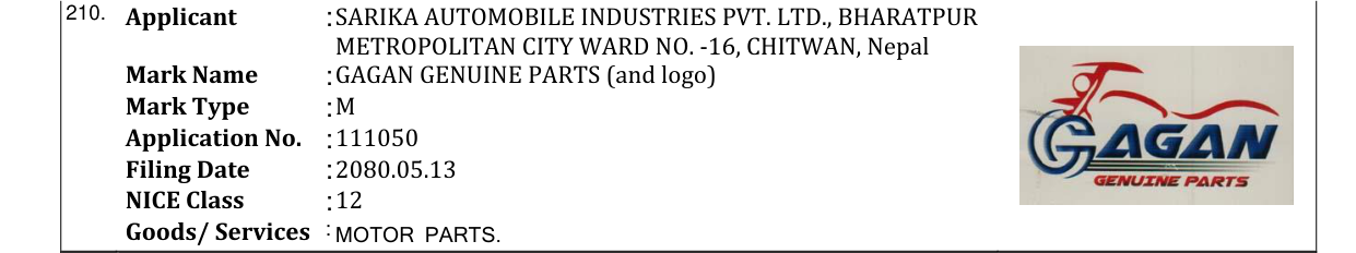 Original bulletin entry for GAGAN GENUINE PARTS (and logo)