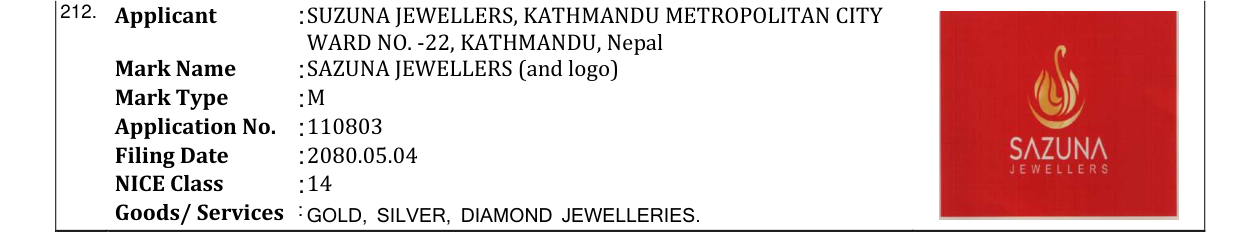 Original bulletin entry for SAZUNA JEWELLERS (and logo)
