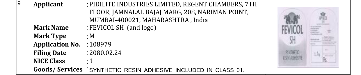 Original bulletin entry for FEVICOL SH (and logo)