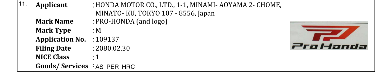Original bulletin entry for PRO-HONDA (and logo)