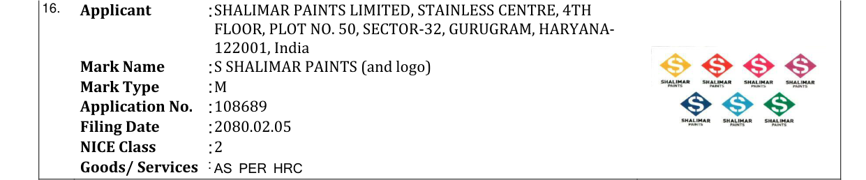 Original bulletin entry for S SHALIMAR PAINTS (and logo)