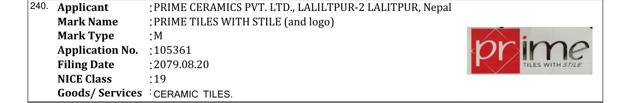 Original bulletin entry for PRIME TILES WITH STILE (and logo)
