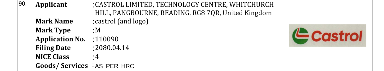 Original bulletin entry for castrol (and logo)