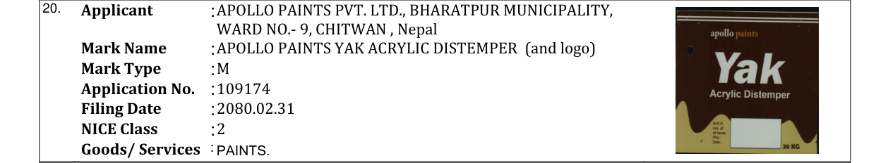 Original bulletin entry for APOLLO PAINTS YAK ACRYLIC DISTEMPER (and logo)