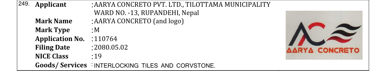 Original bulletin entry for AARYA CONCRETO (and logo)