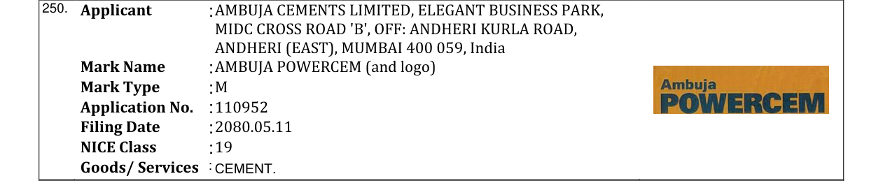 Original bulletin entry for AMBUJA POWERCEM (and logo)