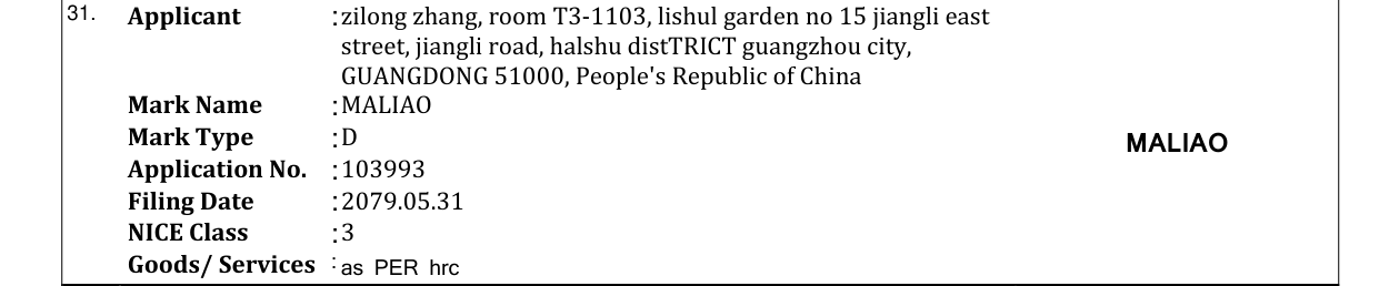 Original bulletin entry for MALIAO