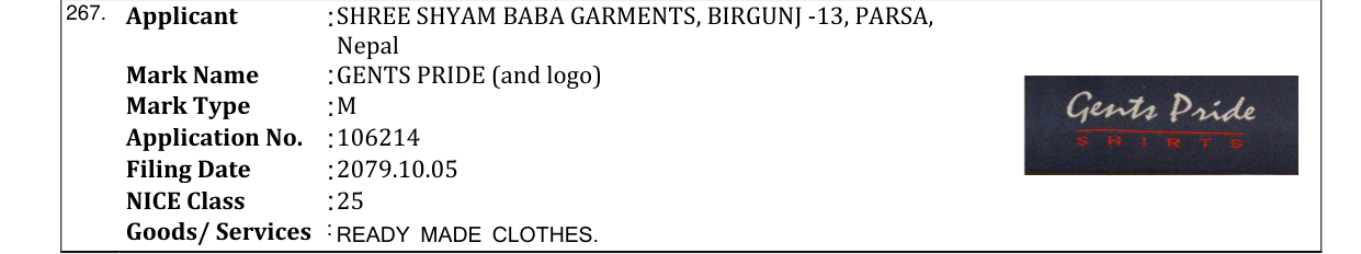Original bulletin entry for GENTS PRIDE (and logo)